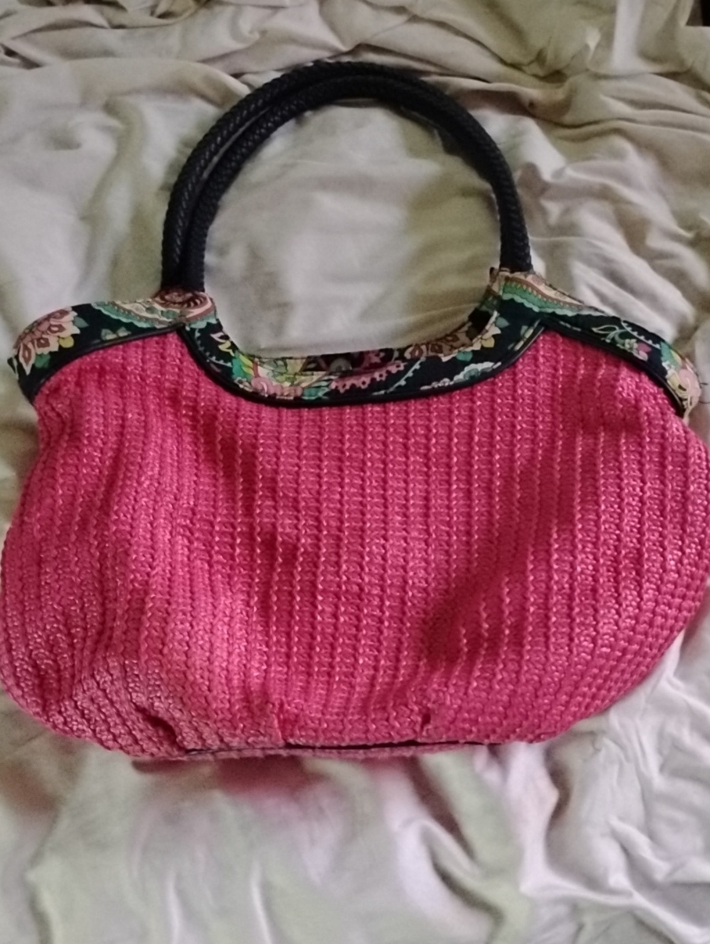 Vera Bradley Large Pink Woven Tote with Navy Handles and Patterned Trim - Picture 9 of 9